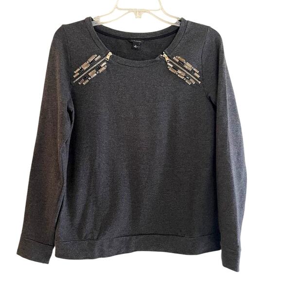 Ann Taylor Charcoal‎ Gray Jeweled/Gems/Crystal with Zipper Sweatshirt Size Small - Picture 2 of 6